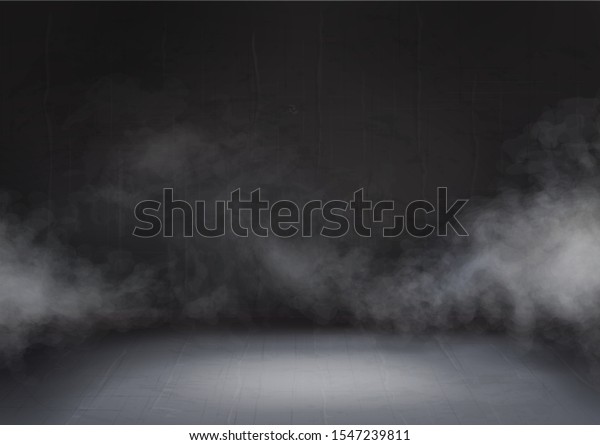 暗い部屋で灰色の雲と煙が霧効果のステージ 黒い背景に透明な霧の抽象的リアルなデコレーション のベクター画像素材 ロイヤリティフリー