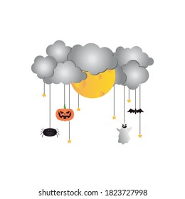 gray clouds and full moon with halloween pumpkin and related icons hanging over white background, flat style, vector illustration