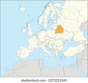 Gray CMYK national map of BELARUS inside detailed white blank political map of European continent on blue background using Mollweide projection