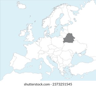 Gray CMYK national map of BELARUS inside detailed white blank political map of European continent on blue background using Mollweide projection