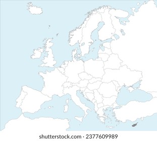 Mapa nacional Gris CMYK de CHIPRE dentro del detallado mapa político blanco y en blanco del continente europeo sobre el fondo azul usando la proyección Molweide