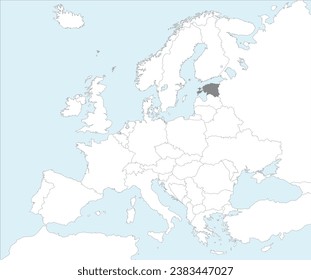 Gray CMYK national map of ESTONIA inside detailed white blank political map of European continent on blue background using Mollweide projection