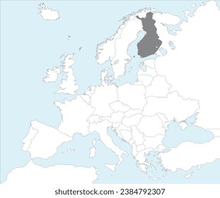 Gray CMYK national map of FINLAND inside detailed white blank political map of European continent on blue background using Mollweide projection