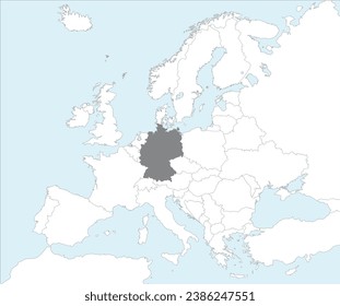 Gray CMYK national map of GERMANY inside detailed white blank political map of European continent on blue background using Mollweide projection