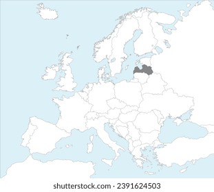 Gray CMYK national map of LATVIA inside detailed white blank political map of European continent on blue background using Mollweide projection