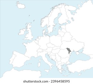 Gray CMYK national map of MOLDOVA inside detailed white blank political map of European continent on blue background using Mollweide projection