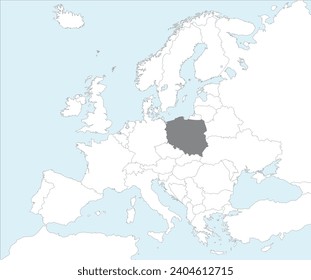 Gray CMYK national map of POLAND inside detailed white blank political map of European continent on blue background using Mollweide projection