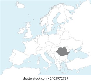 Mapa nacional gris del CMYK de ROMANIA dentro del mapa político detallado en blanco y blanco del continente europeo sobre fondo azul usando proyección Mollweide