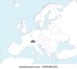 Gray CMYK national map of SWITZERLAND inside detailed white blank political map of European continent on blue background using Mollweide projection