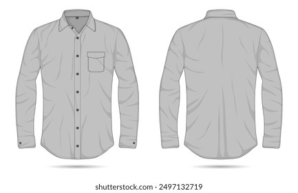 Gray collared long sleeve button down shirt template front and back view