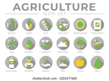 Gray and Color Agriculture Round Icon Set of Wheat, Corn, Soy, Tractor, Sunflower, Fertilizer, Sun, Water, Growth, Weather, Rain, Fields, Pesticide, Farmer, Seeds, Soil, Apple, Fruit Icons.