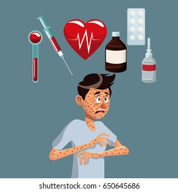 gray color background with rash sickness man half body icons medicine