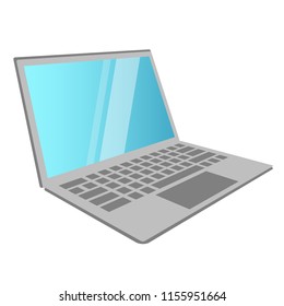 Gray color body, keyboard and blue screen. Illustration of laptop at angle. Web sites design, advertising goods and services online shopping. concept of business new technologies and payment systems