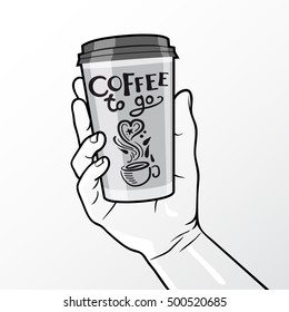 Gray color coffee to go cup in hand composition with hand holding a paper cup of coffee vector illustration