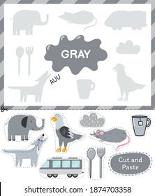 Gray color. Cut the elements and match them with the right shadows. Learning color gray educational game for kids. Cut and paste activity for toddlers. Vector illustration