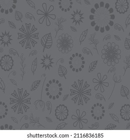 gray color flower and leaf patterns on gray background, vector