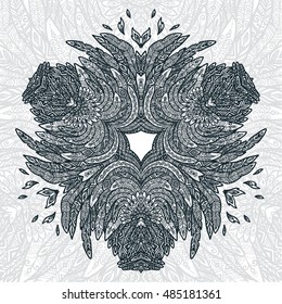 Gray color hand drawn doodle style feathers abstract vector mandala background