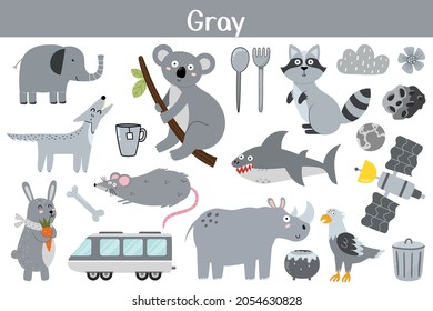 Gray color objects set. Learning colors for kids. Cute elements collection. Educational background. Vector illustration