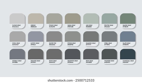 Paleta de colores gris, Nueva paleta de guía de colores gris con nombres de colores. Catálogo Muestras del Gris con códigos RGB HEX y Nombres. Vector de la paleta de Colores de ceniza, Colores a base de agua, color gris de moda