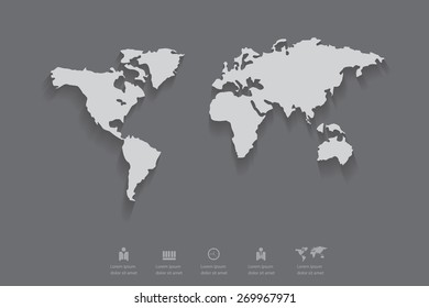 Gray color of world map with shadow,eps 10 vector.