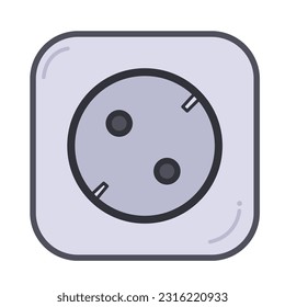 Gray colored electricity wall socket stop contact outlined vector icon illustration isolated on square white background. Simple flat outlined minimalist sign icon drawing with technology power theme.