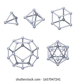 Gray colored Platonic solids 3D. Regular convex polyhedrons in three-dimensional space with the same number of identical faces meeting at each vertex. Isolated illustration on white background. Vector