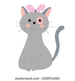 Gatito colorido gris con un lazo rosa. Vector dibujado a mano.