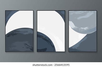 Gray colour abstract art. Set of three artworks. Wall art for home decorate and printing, interior, cover, and postcard. Vector illustration.