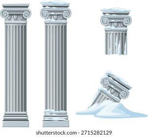 Columnas grises bajo la nieve. pilares destruidos para fachada tras tormenta para juegos de computadora aislados sobre fondo azul. La edad de hielo. Ilustración vectorial tras un desastre natural.