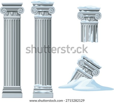 Gray columns under snow.  destroyed pillars for facade after storm for computer games isolated on blue background. Ice age. Vector illustration aftermath of natural disaster.
