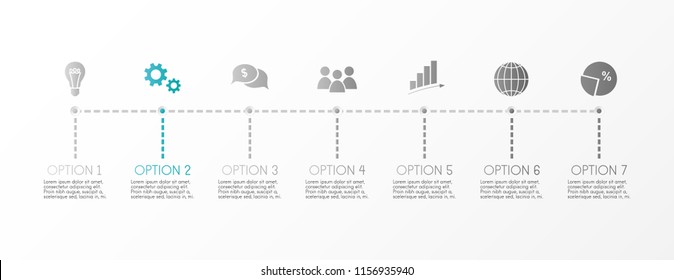 Gray company timeline with business icons. Vector.