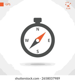 Gray compass icon with an orange arrow pointing north.