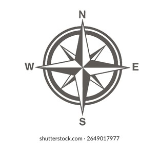 A gray compass rose with a double circle and the cardinal directions labeled on a white background.