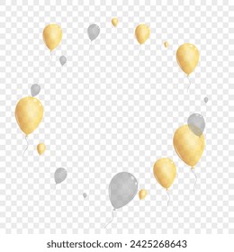 Gray Confetti Background Transparent Vector. Balloon Present Frame. Yellow Graphic Toy. Air Birthday Illustration.