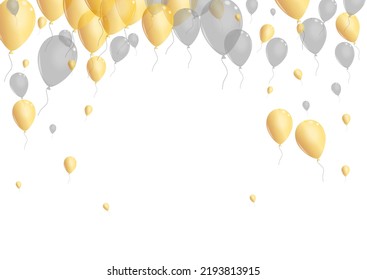Gray Confetti Background White Vector. Ballon Carnival Design. Gold Label Helium. Toy Flying Illustration.