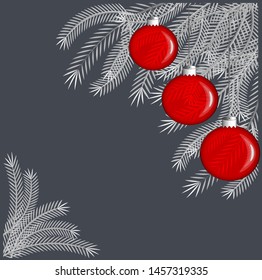 Gray coniferous fir branch on a dark background, decorated with red Christmas glass toys in the form of balls. Square drawing, illustration, design.