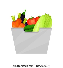 Gray container with ripe vegetables. Natural and healthy products. Organic food. Flat vector icon