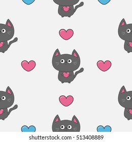 Gray contour cat holding pink heart set. Cute cartoon character. Kawaii animal Pet collection. Seamless Pattern White background. Flat design. Vector illustration.