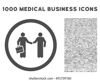 Gray Contract Meeting vector rounded icon. Image style is a flat icon symbol inside a circle, white background. Bonus clip art is 1000 health care business symbols.