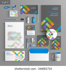 Gray corporate identity template design with color geometric pattern. Business stationery