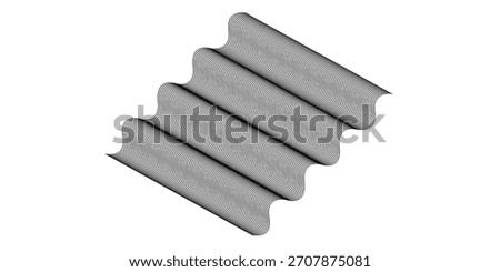 A gray corrugated metal sheet featuring four distinct waves, presented at an angle, showcasing its texture and form.
