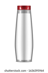 Gray cosmetic bottle with red cap and white blank label, vector mockup. Beauty product package, template for design.