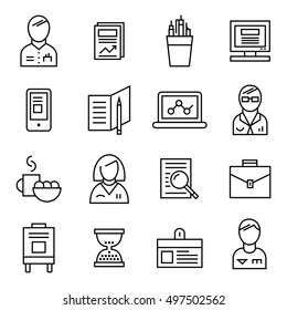 Gray coworking icon set in linear style with isolated elements of office work vector illustration