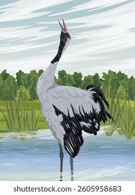 Gray crane sings on the lake shore. Sandy lake shore with vegetation. Realistic Vector vertical Landscape