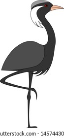 Gray crane standing on one leg, illustration, vector on white background.