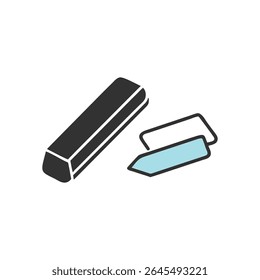 A gray crayon and a light blue crayon in flat minimalistic style, isolated on White Background.
