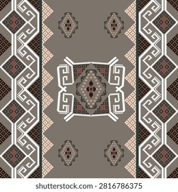 Gray and cream tones in a pixel pattern. Cross-stitch embroidery on fabric. Patchwork texture. Weaving. Traditional ornament. Tribal pattern. Folk motif. Ideas for elaborate borders, quilted wallpaper, knitware, and interior design.