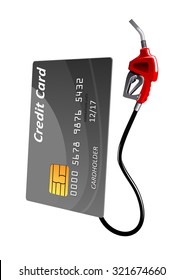 Gray credit card with gas pump nozzle, isolated on white background. For financial or oil concept themes