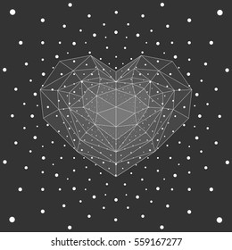 Gray cristal heart, white dots background.