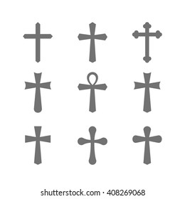 Gray crosses silhouette icons set. Different forms. Isolated on a white background. Vector illustration.